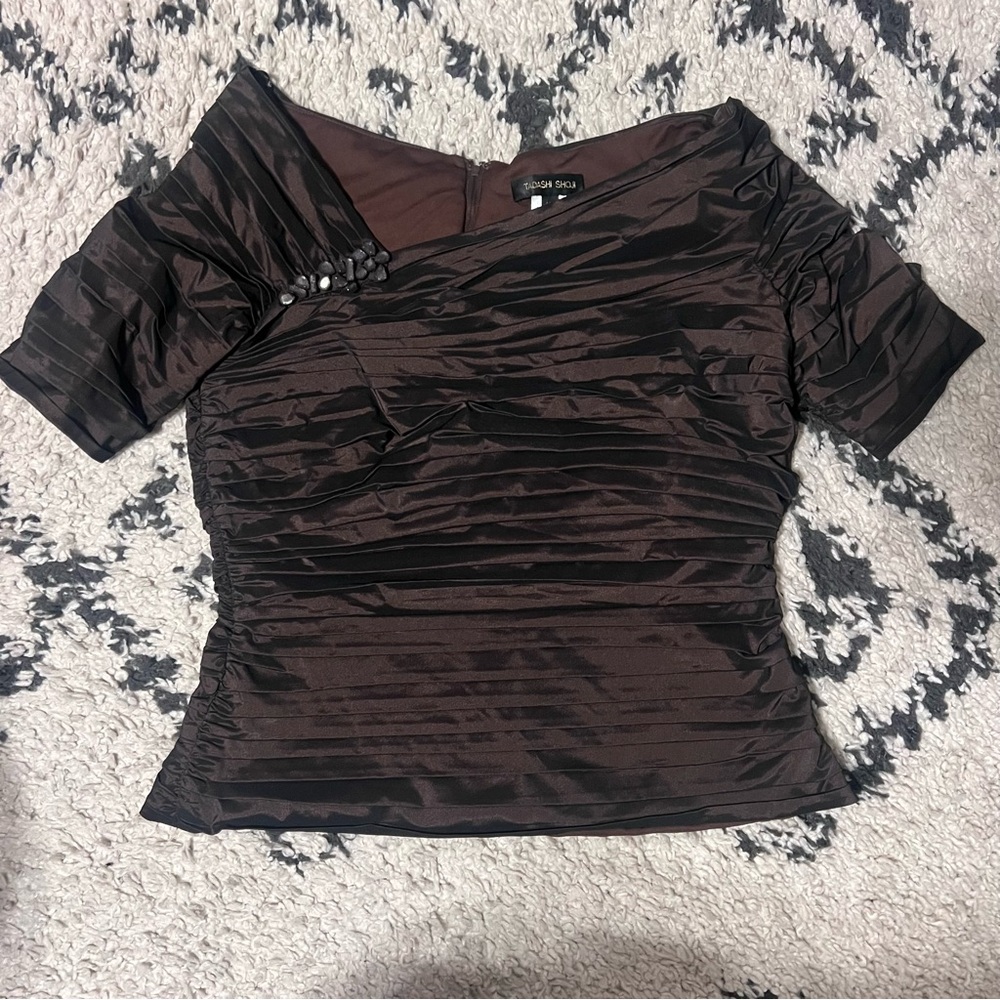 Tadashi Shoji Brown Ruched Beaded Short Sleeve Top Mother Bride Groom Size 16